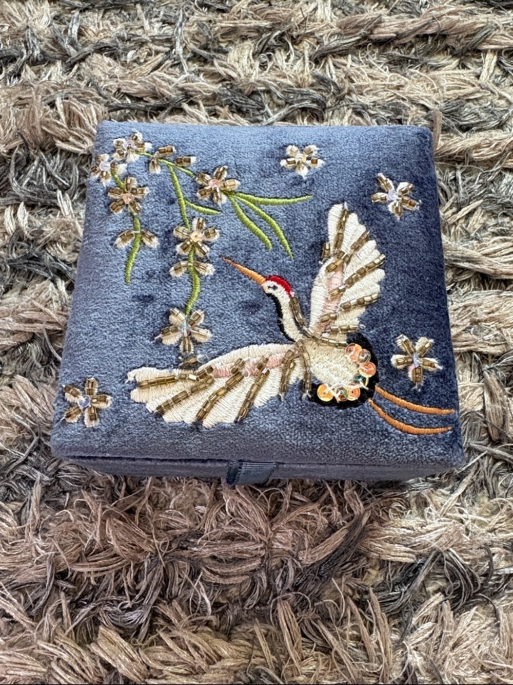 Hand Crafted Gray Embroidered Crane Box with Gold Accents